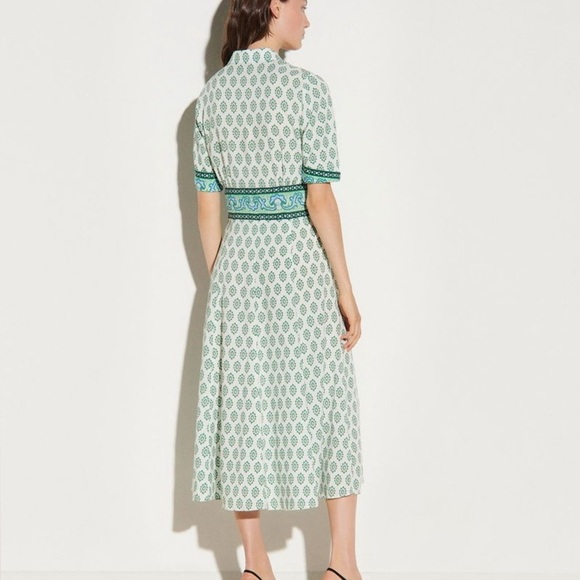 Sandro Niam Midi Dress Green Printed Linen Blend EU 42 Short Sleeve Button Front - Picture 2 of 7